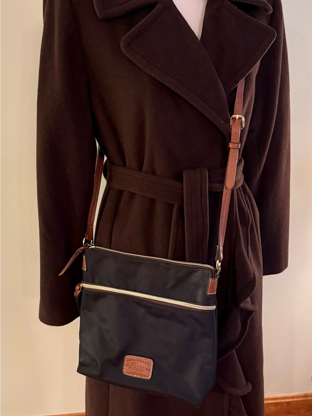 G.H. Black Crossbody Bag with Brown Trim and Strap